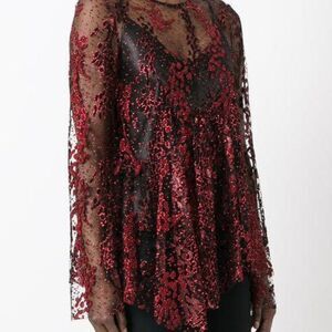 OPENING CEREMONY Long-sleeve Enamel Glitter Sheer Top, Blaze Red - Size 2
